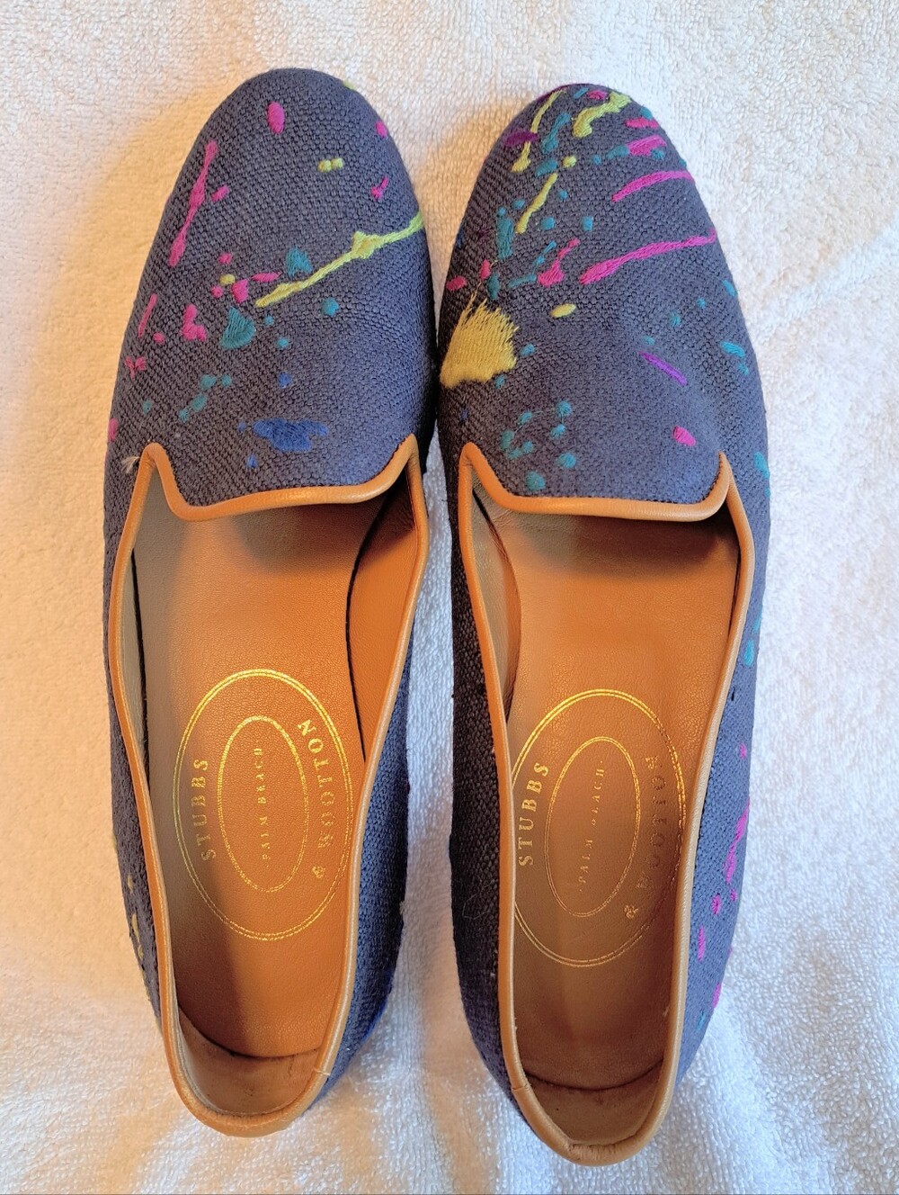 STUBBS & WOOTTON Embroidered Blue Linen Smoking Slippers Loafers Shoes - 8.5